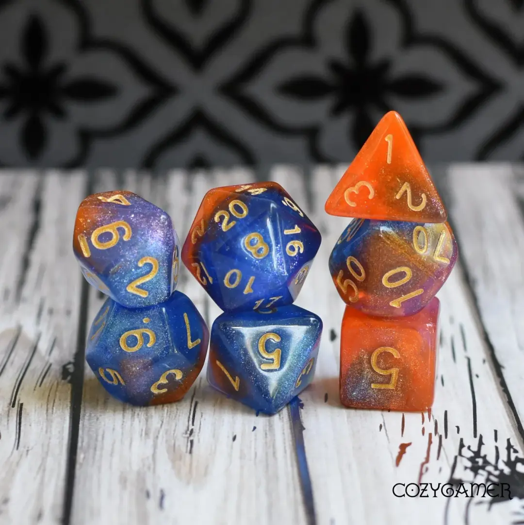 Nebula Dice Set. Orange, Blue and Pink Marbled Micro Shimmer