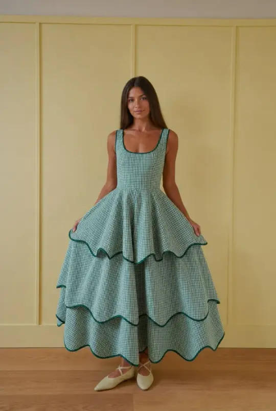 Plaid Frilled Corset Prom Gown , Green Minimalist Women's Maxi Casual Dress RS2547