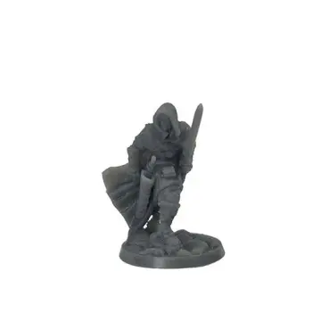 Unpainted 32mm 3D-printed hooded rogue with a straight blade held upright at his shoulder — tabletop RPG miniature for D&D, Pathfinder & wargaming