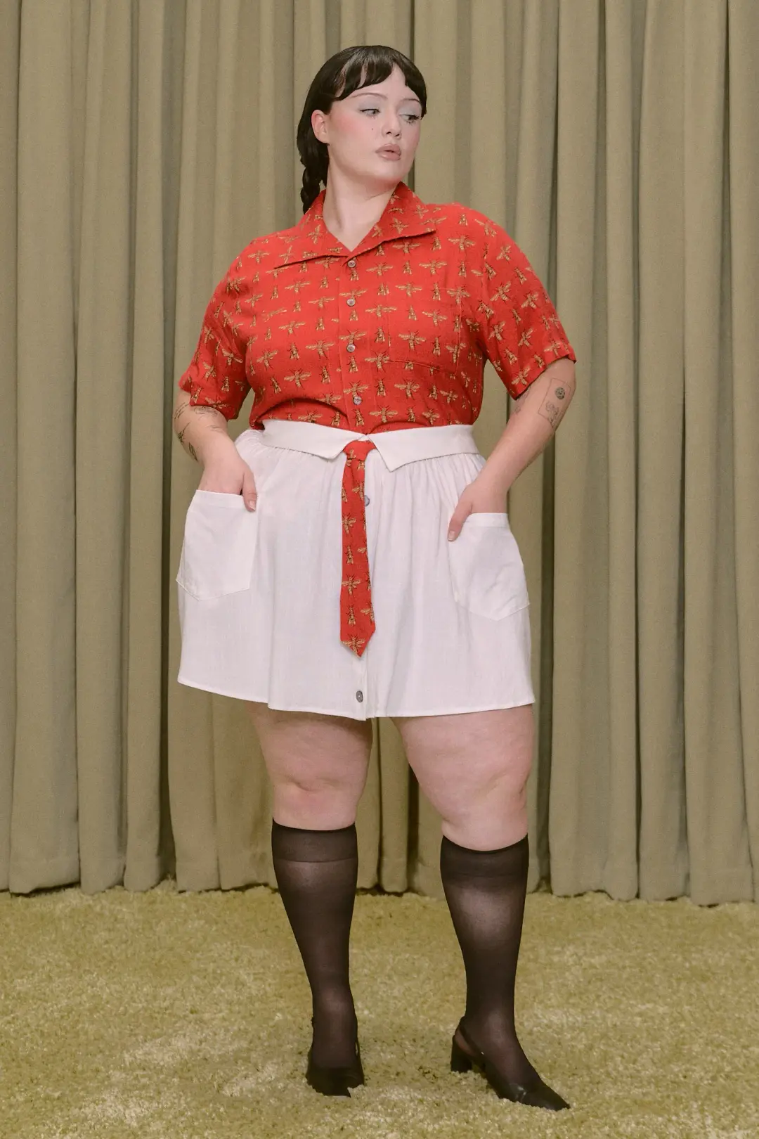 Business Tie Mini Skirt Linen White