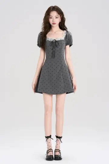 Gray Polka Dot Mini Dress Women With Lace Trim Square Neck And Puff Sleeves R9402