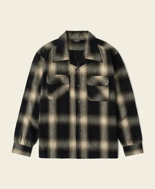 1950s Brushed Cotton Ombre Check Sports Shirt - Black / Beige