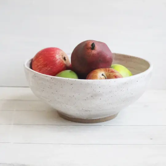 Large Rustic Serving Bowl in Matte White Speckled Clay, Handcrafted in USA