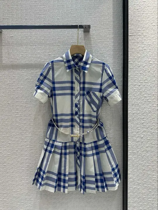Blue and white shirt skirt slim youthful vitality pleated skirt homecoming dress R4013