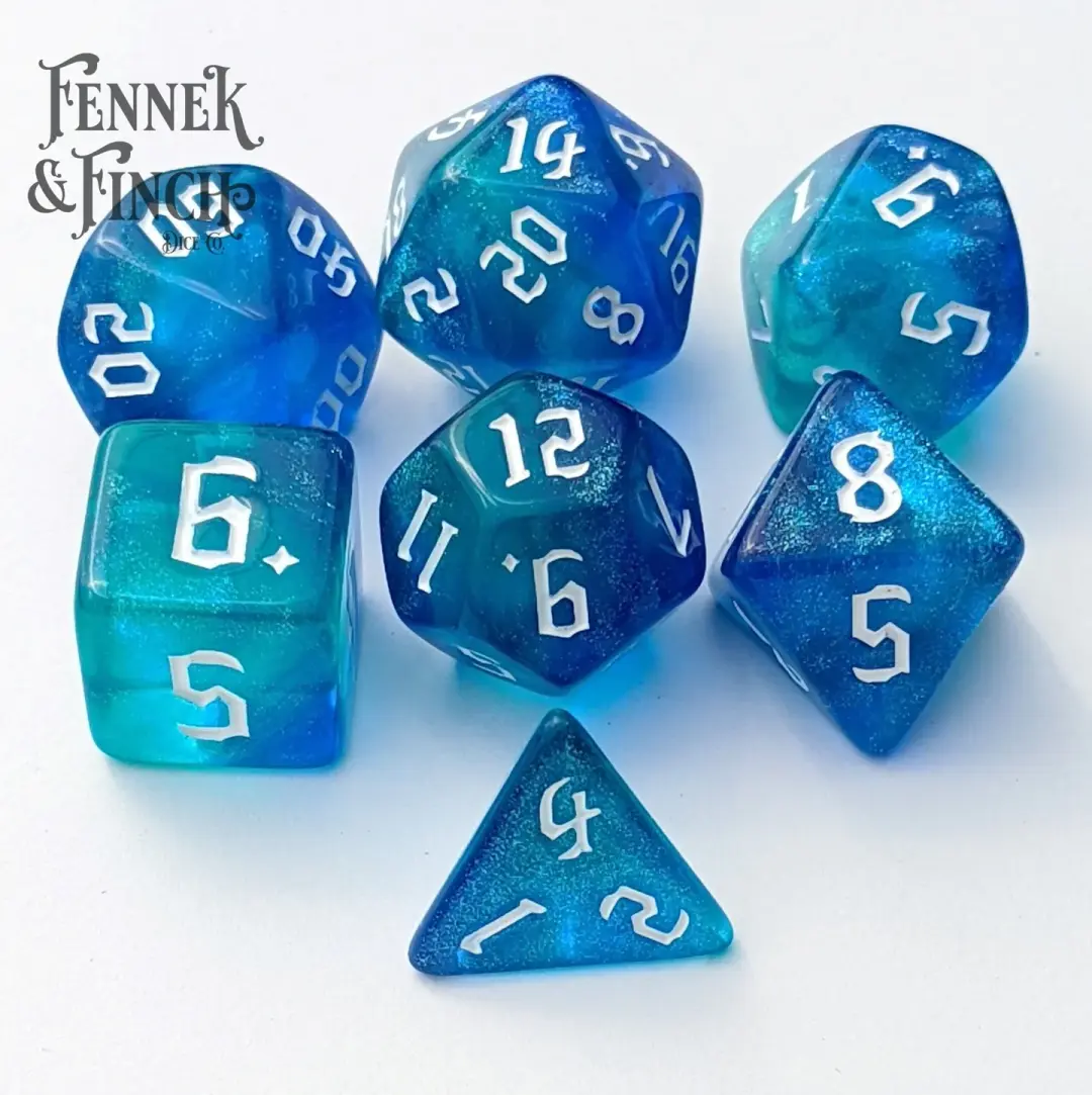 Oasis Dice Set – 7-Piece Marbled Blue Shimmer DnD Dice