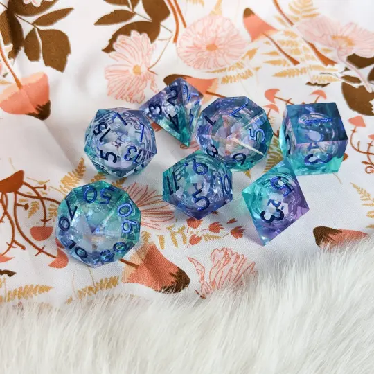 Cyan Purple Liquid Core Sharp Edge Dice Set – 7-Piece Two Tone Micro Shimmer