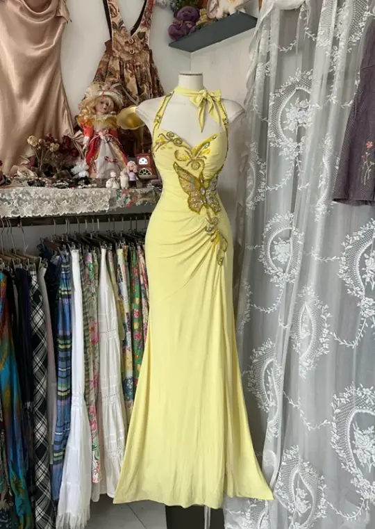 Yellow halter-neck fitted mermaid skirt ball gown R6368