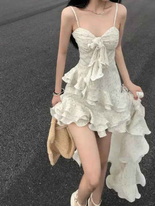White Floral Spaghetti Strap Asymmetrical Ruffle Hem Dress with Bow Detail R9132