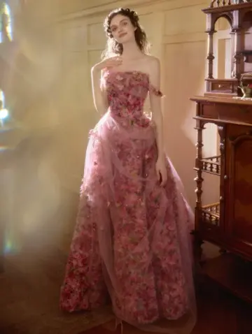 Tulle Floral Hazy Corset Prom Gown , Barbie Pink Women's Maxi Birthday Dress RS2507