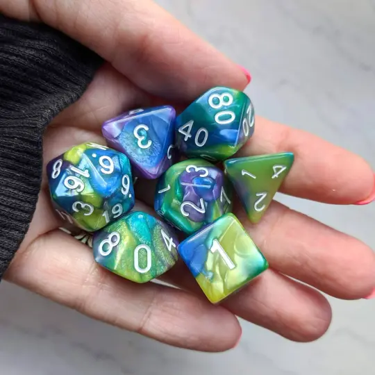 Green Purple Blue Three Tone Marbled Dice Set – 7-Piece Pearly White Font DnD