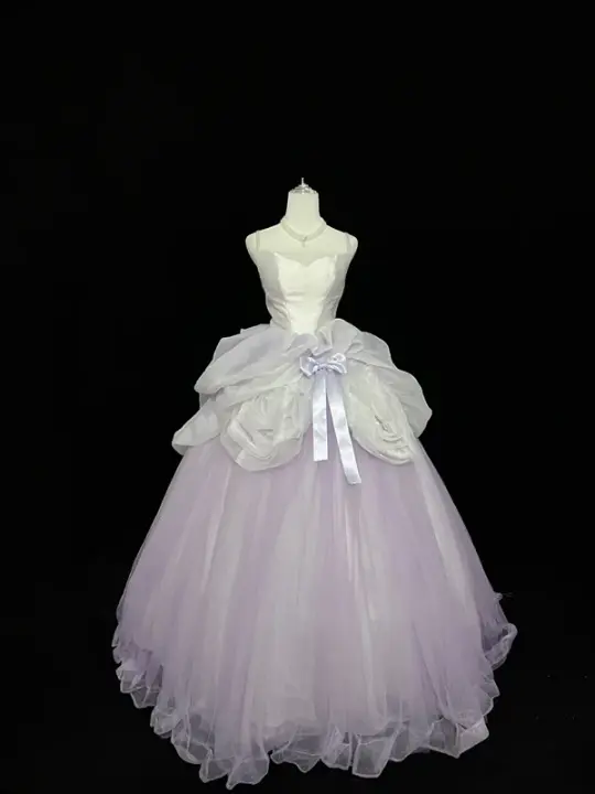 White strapless bodice, light purple tulle skirt, long ball gown R9049