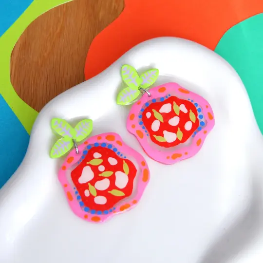 Laser Cut Pink and Red Margarita Pizza Earrings with Mozzarella and Basil