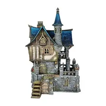 Fully painted 28mm 3D-printed fortified town house with battlement wall and turret — tabletop RPG terrain for D&D, Pathfinder & wargaming