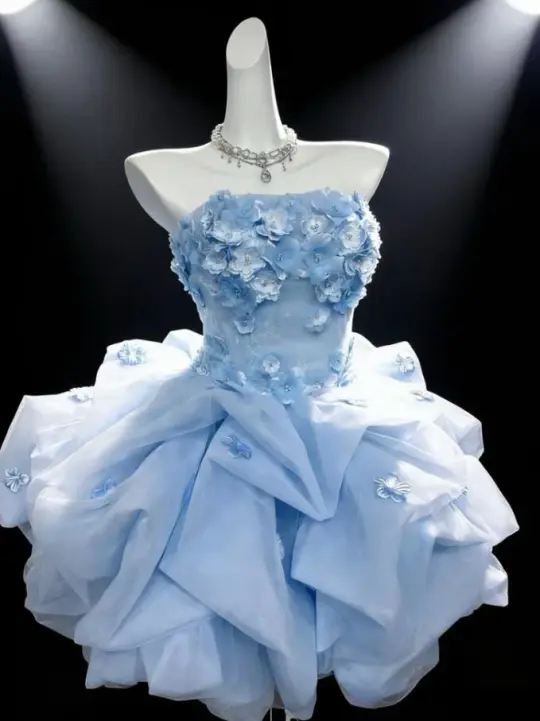 Pretty Baby Blue Homecoming Dress A-Line Strapless Applique Corset Mini Prom Dress RS765