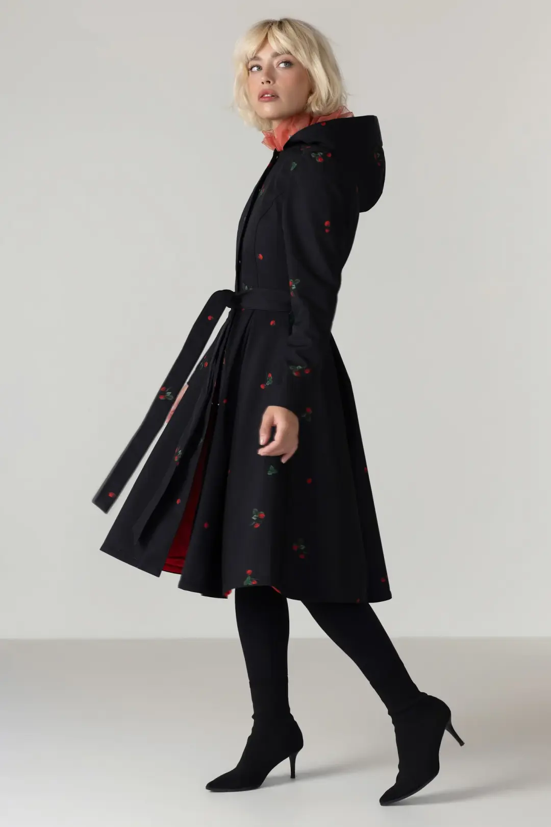 Fit and Flare Black Coat with Pleated Skirt and Strawberry Print | Wild Strawberry