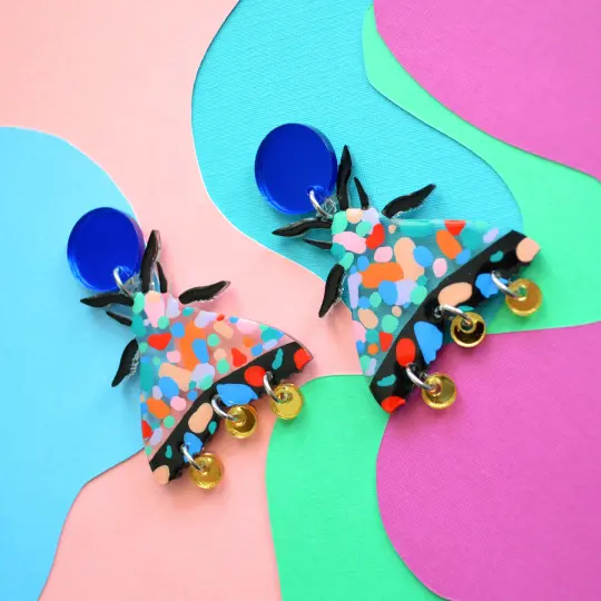 Terrazzo Painted Pattern Moth Butterfly Dangle Earrings
