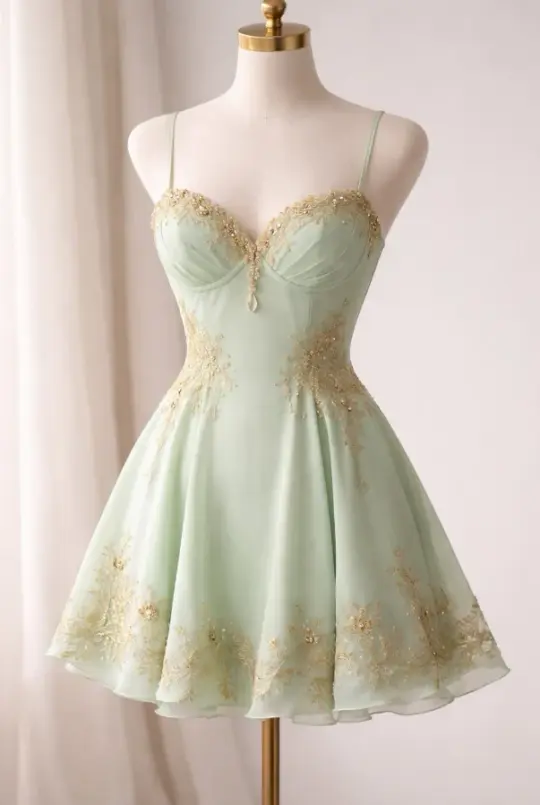 Fresh Green Homecoming Dress , Silky Chiffon Embroidered Corset Mini Summer Dress RS1616