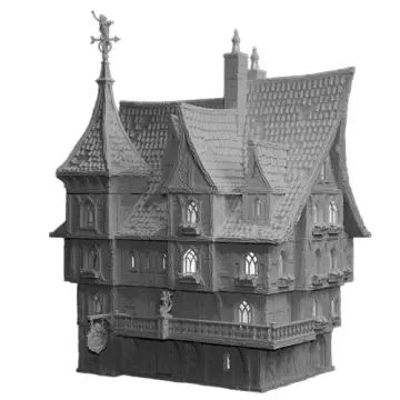 A medium grey 3D model render of an unpainted tabletop miniature of a grand, multi-story medieval fantasy inn. The complex structure features three main levels with half-timbered walls and numerous arched windows, many featuring small window boxes. A prominent wrap-around balcony with a balustrade and a hanging signboard circles the lower level. The building is capped with a steep, complex wood-shingled roof featuring multiple dormers, tall chimneys, and a distinct square tower on the left side topped with a pointed roof and an ornate weather vane. Isolated on a white background.