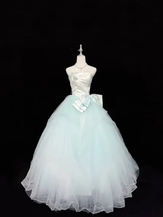 White strapless fitted waist, light green tulle skirt, long ball gown R9053