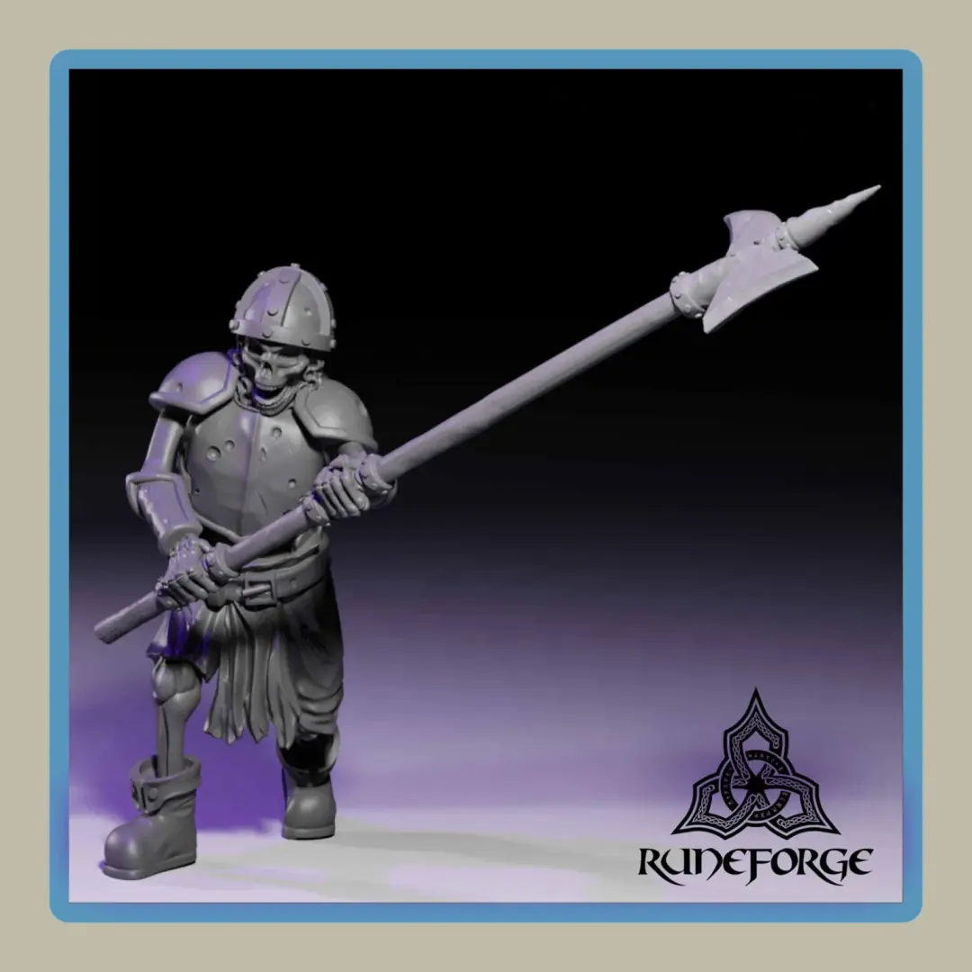 render of 28mm miniature undead armored skeleton with 2H halberd