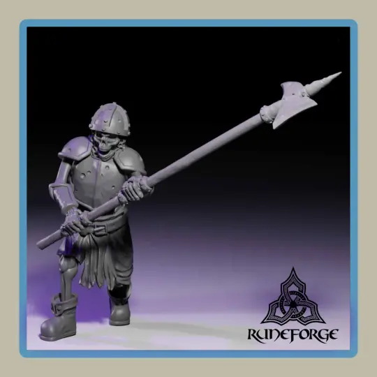 render of 28mm miniature undead armored skeleton with 2H halberd