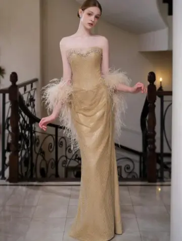 Beaded Feather Decor Bodycon Prom Gown , Golden Women's Maxi Evening Dress Party Dress RS2285