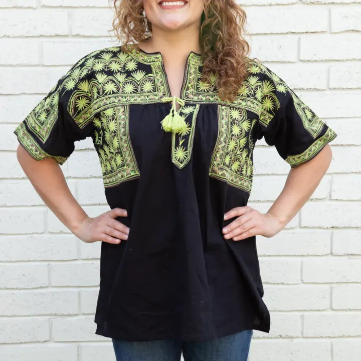 Tsu'uj Embroidered Blouse with Decorative Lace Up Front