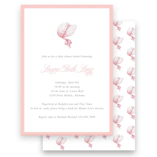 Pink Bonnet Girls Baby Shower Invitation