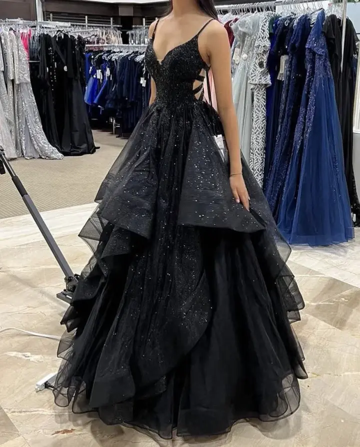 Glitter Puffy Sequins Women's Prom Gown Black Waist Fitted Maxi Evening Dress Birthday Dress — Fall Outfit 2026 New  RS3437