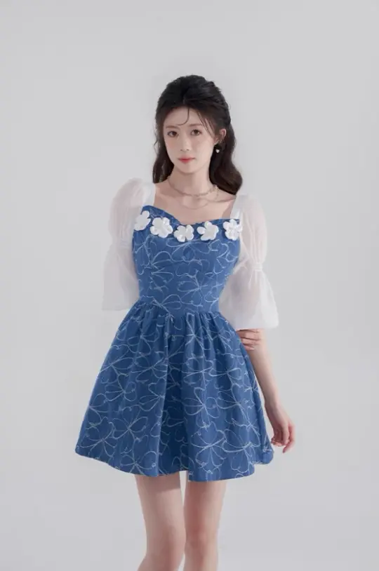 Summer new high waist skirt square neck denim dress design niche temperament sweet short skirt R4142