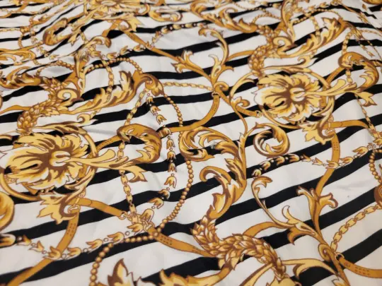 Black White Stripe with Gold Filgree Knit- Remnant Piece 1.75 Yard