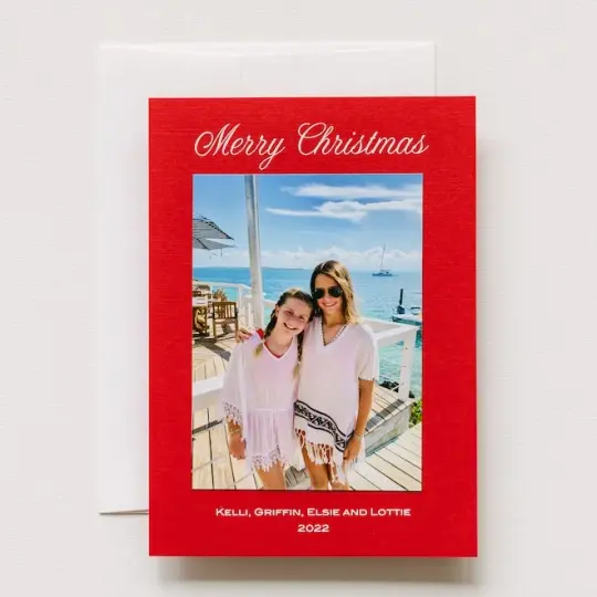 Red "Merry Christmas" Foil Printed Photo Attached Holiday Card