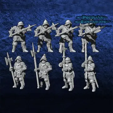 Unpainted 28mm 3D-printed Spanish heavy infantry with halberds and polearms, 8 miniatures — tabletop miniatures for historical wargaming, D&D & Pathfinder