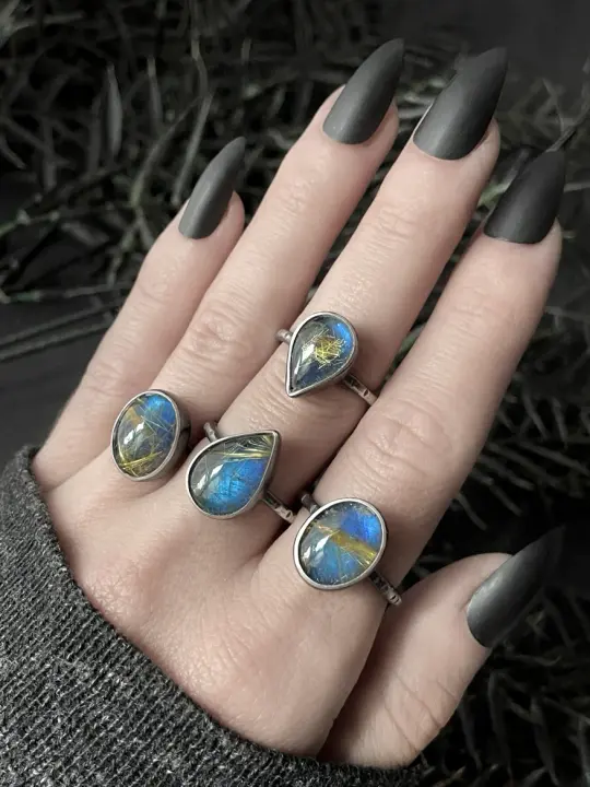 Labradorite and Golden Rutile Quartz Doublet Rings