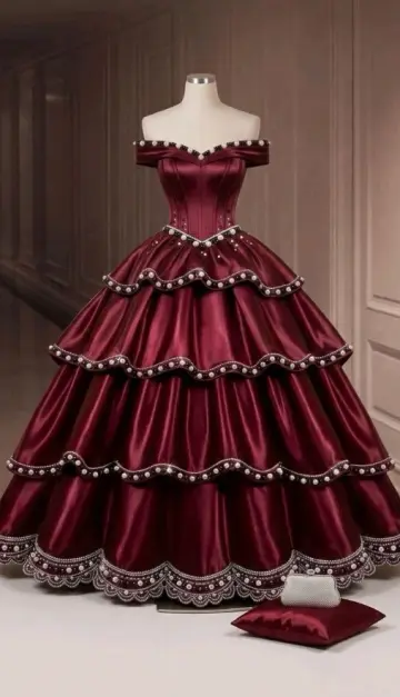 Ruffled Silky Beaded Corset Prom Gown , Burgundy Women's Maxi Evening Dress RS2269