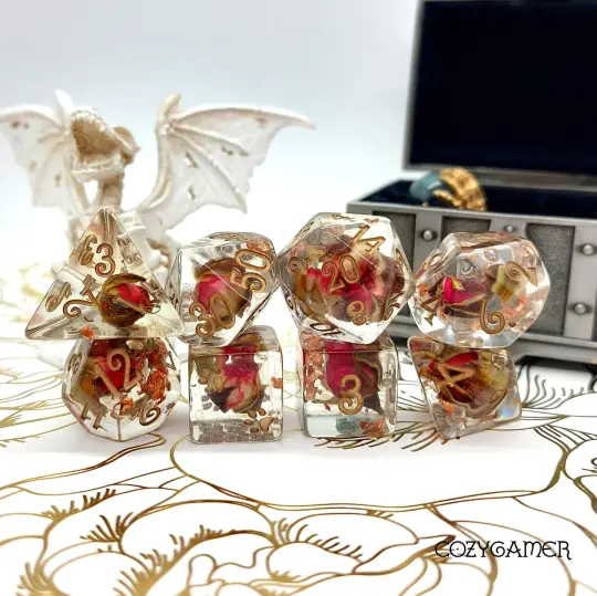 Copper and Rose Buds Dice Set – 8-Piece & 12-Piece with Real Roses | Fennek & Finch