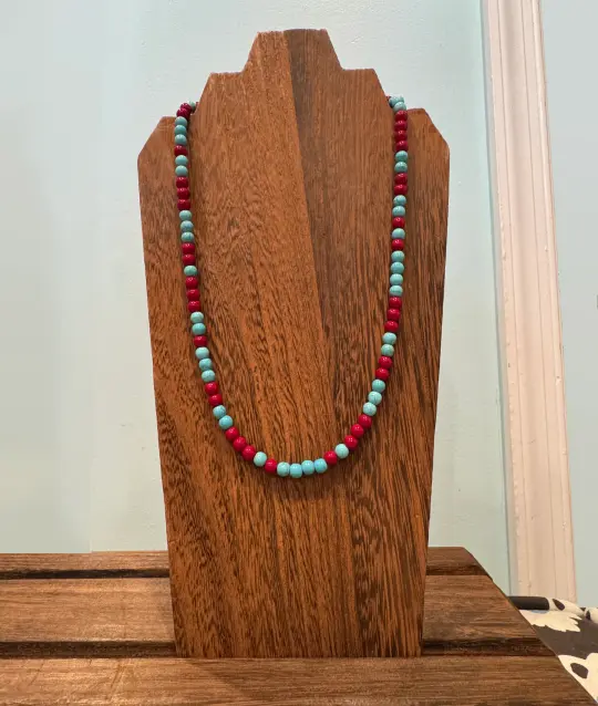 Blue Howlite and Red Glass Bead Necklace  with Sterling Silver Clasp