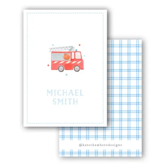 Watercolor Blue Gingham Firetruck Enclosure Card