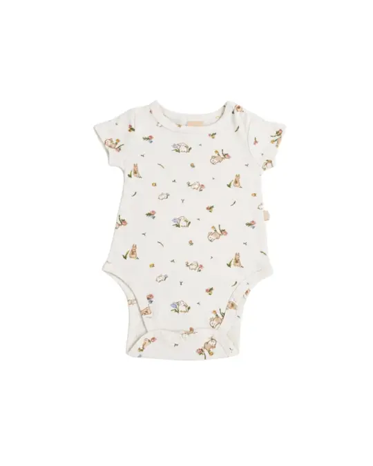 Short-Sleeve Onesie - White Floral Bunny