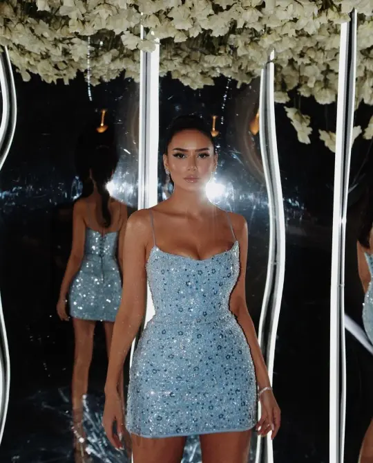 Blue sequined suspenders waist slim hip skirt homecoming dress R3745