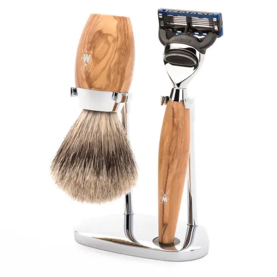 MÜHLE KOSMO 3 Pc. Shaving Set, Fine Badger Brush & Gillette® Fusion™ Razor, Olive Wood