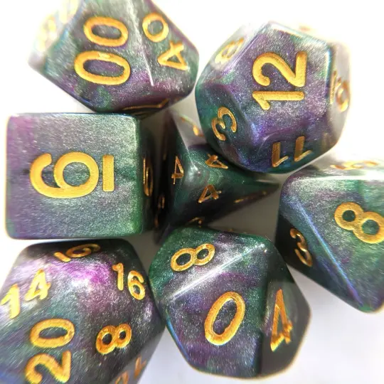 Enchanted Forest Dice Set – Deep Green & Purple with Micro Shimmer Glitter
