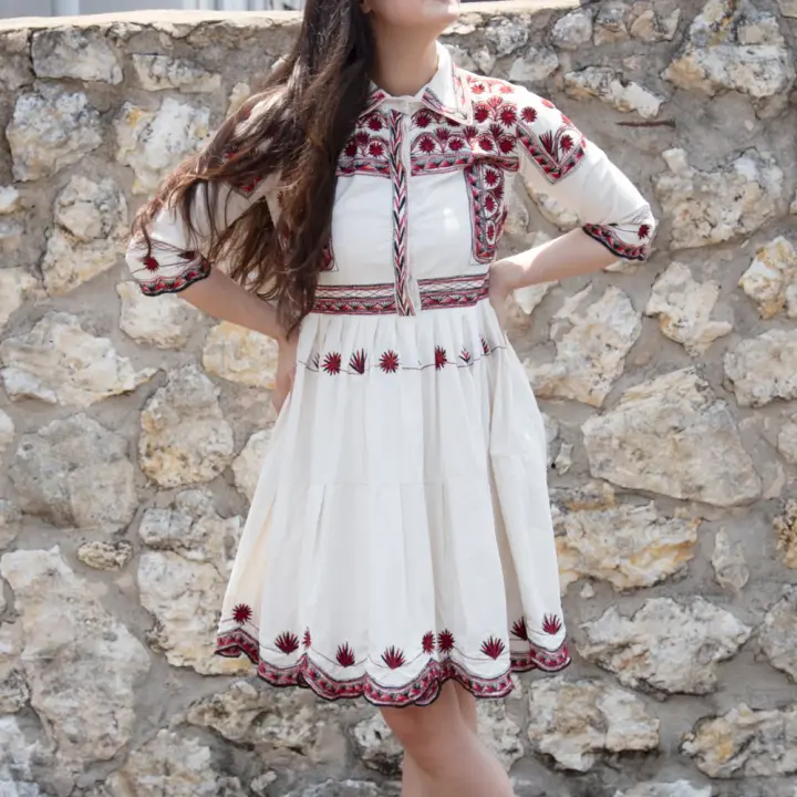 Kukoj Embroidered Button Up 3/4 Sleeve Dress