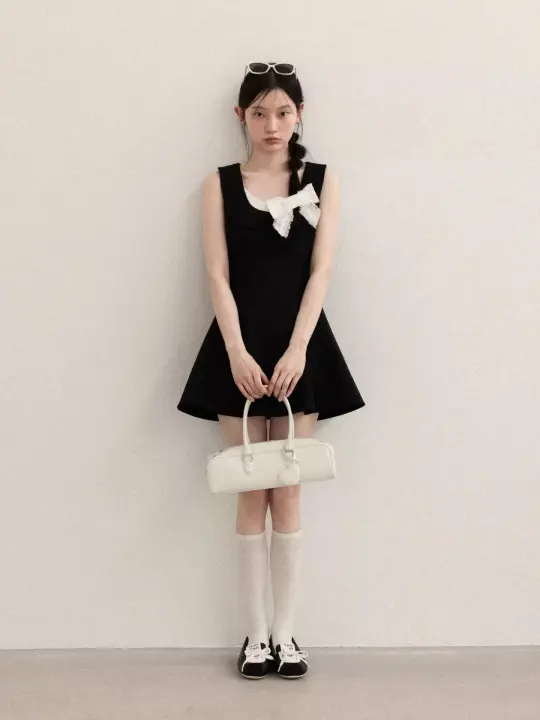Black Sleeveless A-Line Dress with White Bow Accent R9171