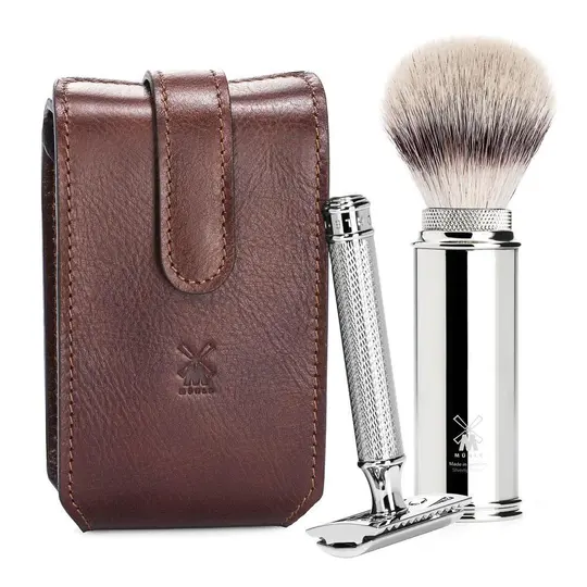 MÜHLE TRAVEL 2 Pc. Shaving Set, Silvertip Fibre® Brush & Safety Razor w/ Leather Case, Brown