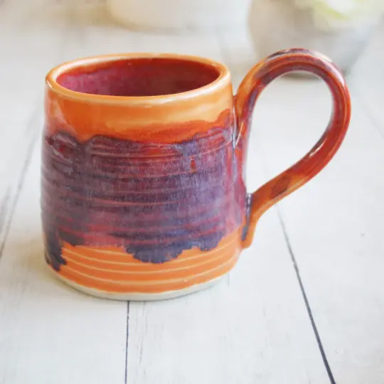 Gorgeous Orange, Blue and Purple Handmade Pottery Mug, 15 Ounce, Made in USA