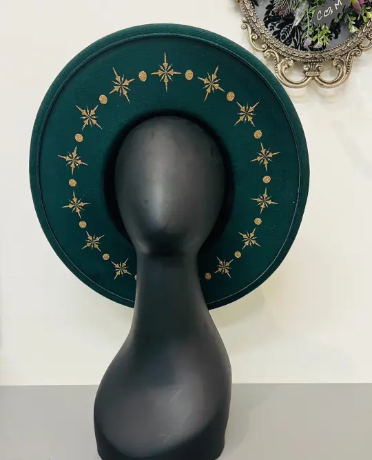 Emerald Gold Starburst Vegan Felt XL Wide Brim Hat