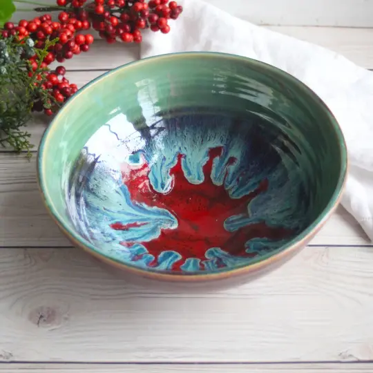 Gorgeous Serving Bowl in Beautiful Green and Crimson Glazes Handmade Stoneware Pottery Made in USA