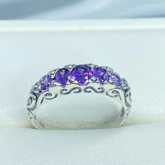 Amethyst Ring, Size 9, Five-stone Georgian Ring, Victorian Jewelry #D19 - Ready to Ship