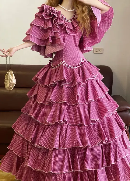 Pink V-neck Waist-Cinched Tiered Skirt Ball Gown & Bridal Gown R7378